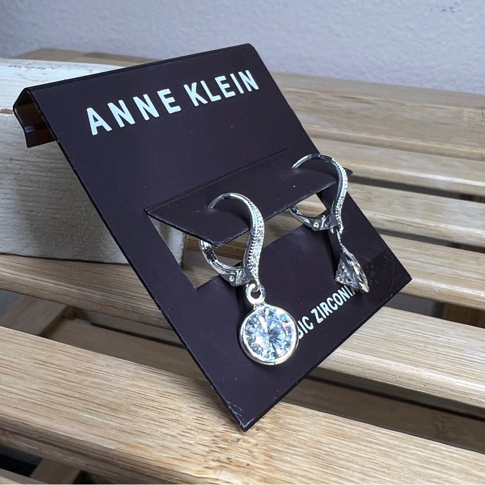 Anne Klein Silver Tone Cubic Zirconia Crystal Dangle Drop Pierced Earrings - Picture 4 of 6